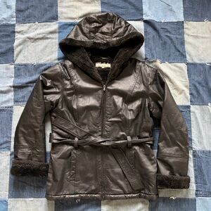 wilson’s leather hooded faux fur lined black leather jacket size M